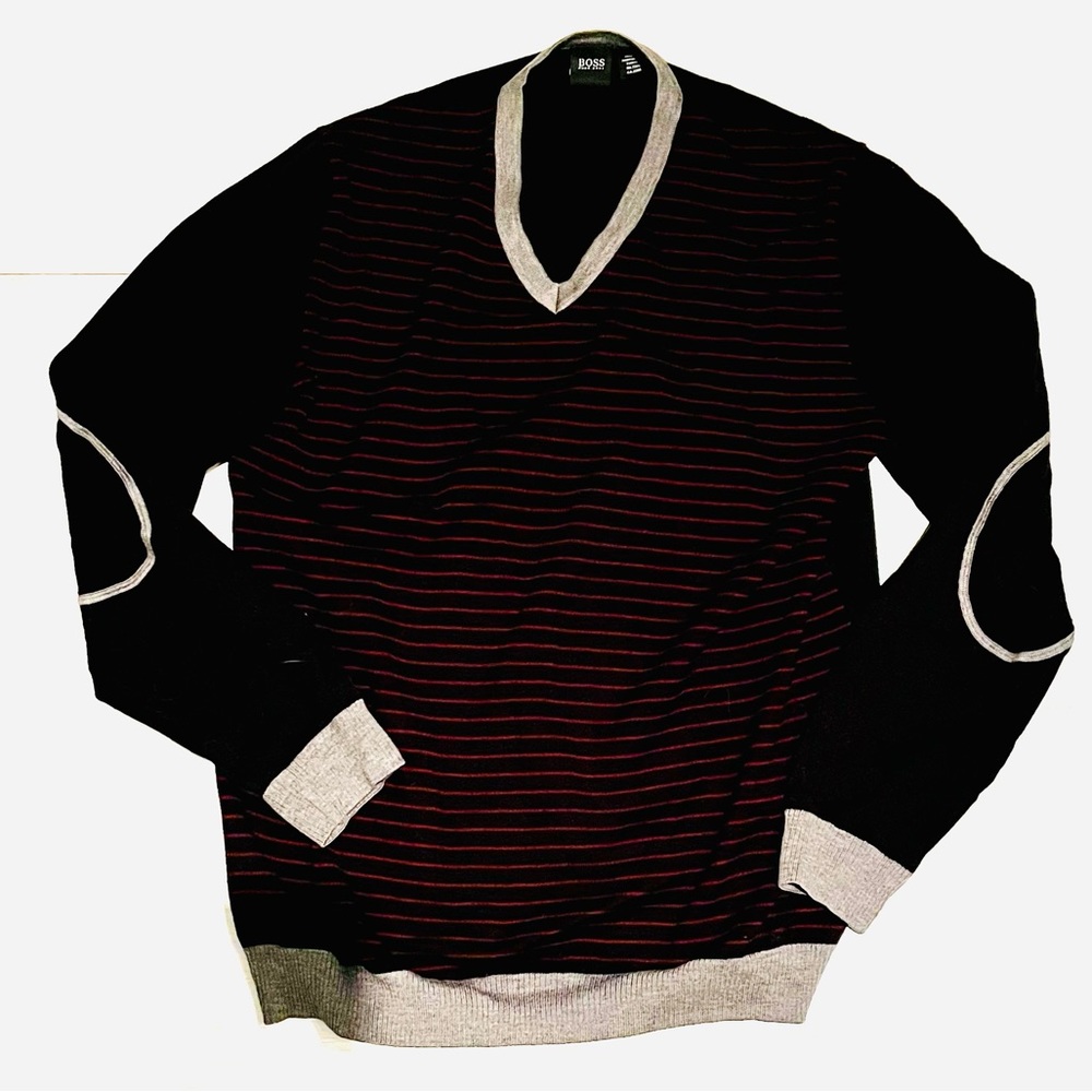 BOSS by Hugo Boss knit sweater. Black with red stripes and elbow pad detail.